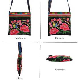 Crossbody-Tasche mit Blumenstickerei, ethnischem Boho-Muster, 23×24 cm, Schwarz-Bunt