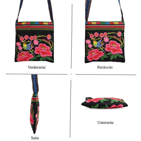 Crossbody-Tasche mit Blumenstickerei, ethnischem Boho-Muster, 23×24 cm, Schwarz-Bunt image number 4