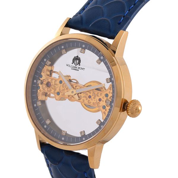 William Hunt Automatik-Uhr, Hohles Zifferblatt mit weißen Kristallen, Blau Lederarmband, 5ATM wasserdicht image number 3