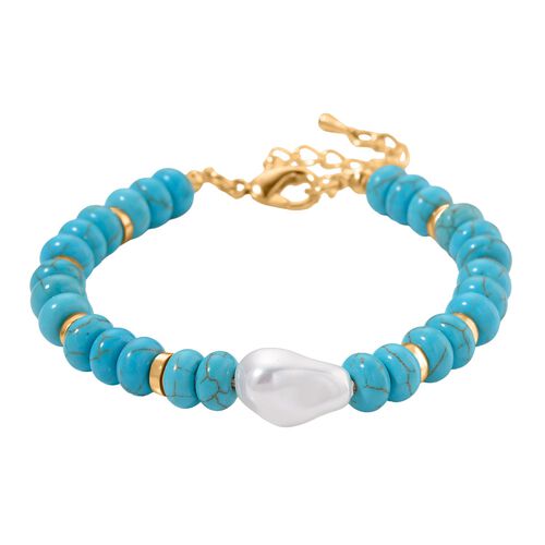 Weiße Muschelkernperle, Blauer Howlit Armband, flexibel, vergoldet 70.00 ct image number 0