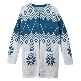 Kuscheliger Winter-Cardigan mit 2 Taschen, Einheitsgr&ouml;&szlig;e, blaues Schneeflockenmuster