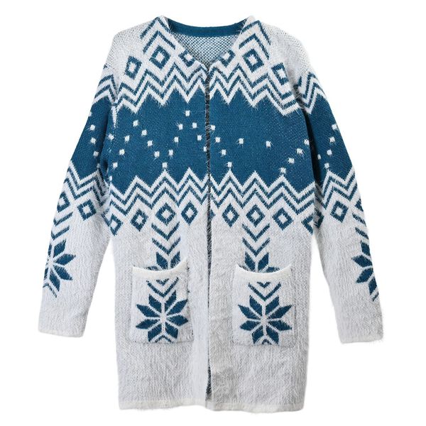 Kuscheliger Winter-Cardigan mit 2 Taschen, Einheitsgröße, blaues Schneeflockenmuster image number 1