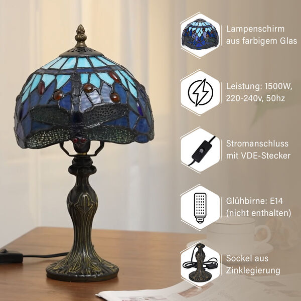 Handgefertige Tiffany-Stil Tischlampe, Buntglas, Blaue Lilie image number 4