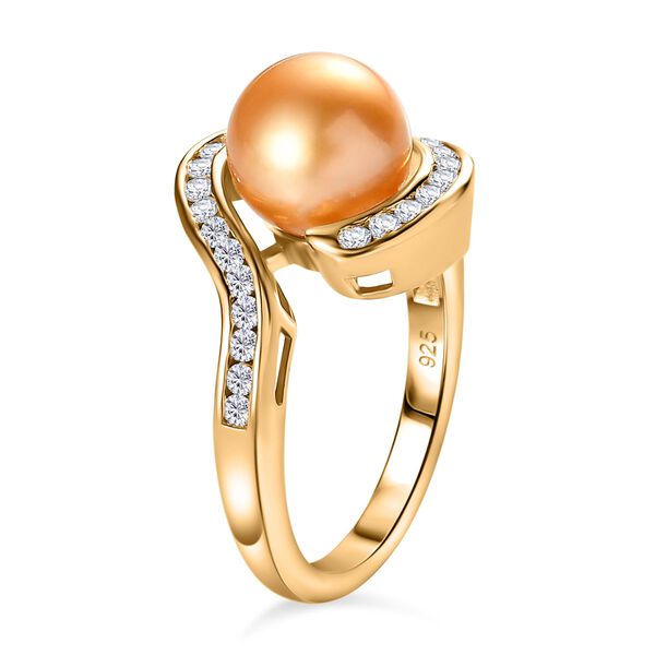 Goldene S&uuml;dsee Perle, Moissanit Ring, (9-11mm), 925 Silber Gelbgold Vermeil ca. 0.56 ct image number 4
