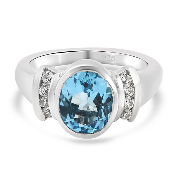 Schweizer Blautopas und Zirkon Ring 925 Silber Platin-&Uuml;berzug