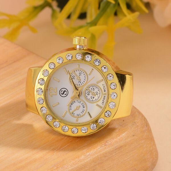 STRADA - Eleganz Wei&szlig;er Kristall Flexibler Ringuhr, japanischem PC21S Uhrwerk, multifunktionalem Zifferblatt, Reiner Edelstahl, goldfarben, 0,01 ct. image number 1