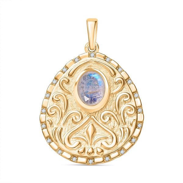 Regenbogen Mondstein, Weißer Zirkon Anhänger Messing E-Überzug Gelb Gold ca. 1,98 ct. image number 0