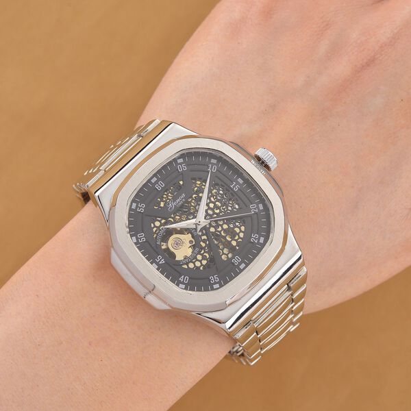 GENOA - Automatikuhr mit Skelett-Design, Edelstahlarmband, 3ATM wasserdicht, Schwarzes Zifferblatt, ca. 22 cm image number 2