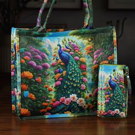 Pfau Muster Design Set, Shopper und Handy Umh&auml;ngetasche, 40 x 12 x 35 cm, Mehrfarbig