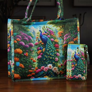 Pfau Muster Design Set, Shopper und Handy Umh&auml;ngetasche, 40 x 12 x 35 cm, Mehrfarbig