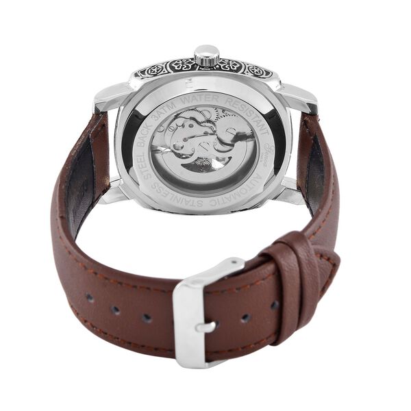 Genoa Time V2 Automatik-Uhr mit Schwarz Oxidiertem Graviertem Geh&auml;use und Braunem Lederarmband image number 7