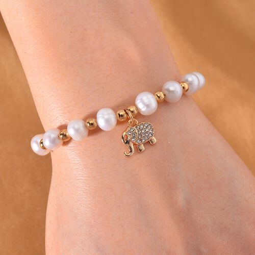 Weißes Süßwasser Perle und Kristall Armband in Goldton image number 1