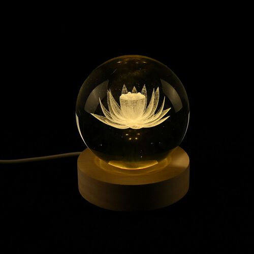 3D Kristallkugel mit LED-Licht und Holzsockel, Lotusblume image number 0