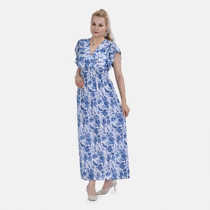 Maxikleid mit gesmokter Taille und Flatter&auml;rmeln, Gr&ouml;&szlig;e 35x125cm, blau