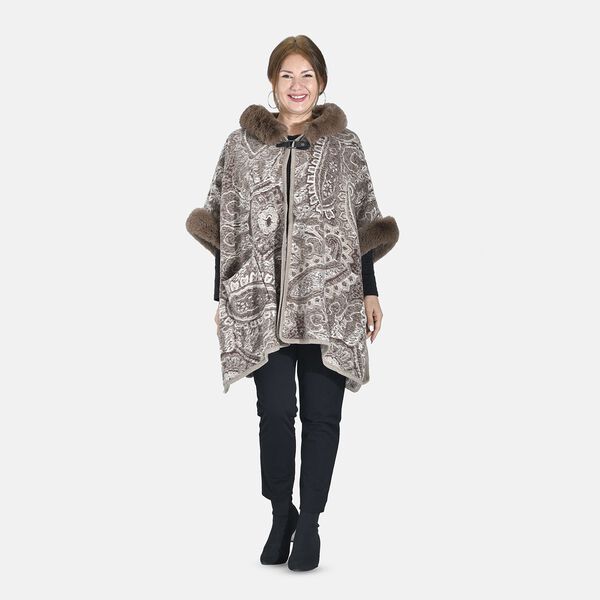LA MAREY - Kunstfell Poncho mit Kapuze, One Size, Braun image number 0