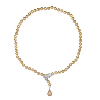 Goldene 8mm Muschelkernperle und wei&szlig;e Zirkonia 60cm Halskette