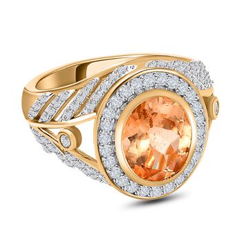 Ceylon kaiserlicher Granat, wei&szlig;er Zirkon Ring, 925 Silber Gelbgold Vermeil, (Gr&ouml;&szlig;e 16.00) ca. 3.89 ct