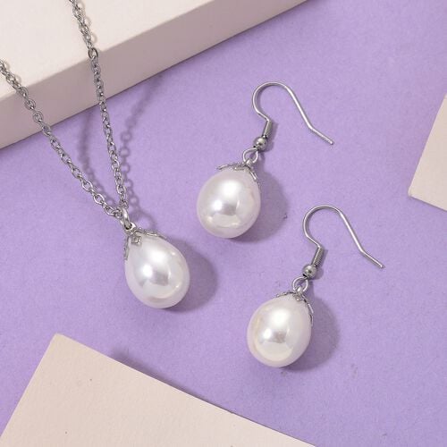 3er Set - Weiße Muschelkernperle Anhänger mit Kette und Ohrringe, Messing und Edelstahl image number 1