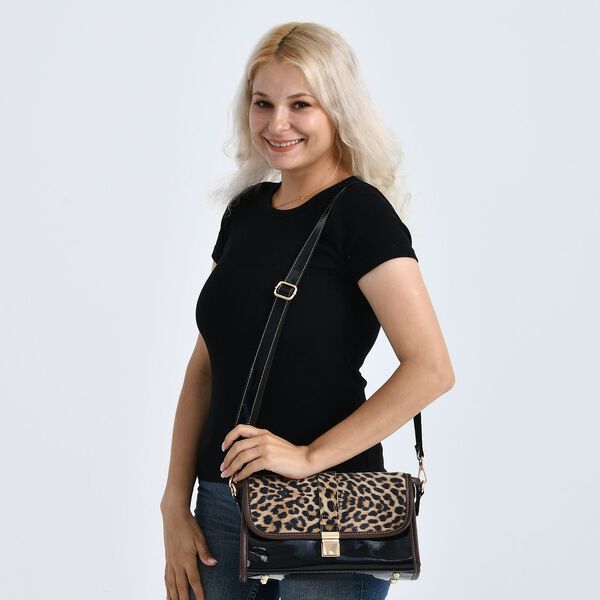 Chaos by Elsie - Echtleder Crossbody Tasche mit RFID, Leopardenmotiv Klappe, 2 Außenfächer mit Reißverschluss, 28 x 10 x 18 cm, Schwarz image number 3