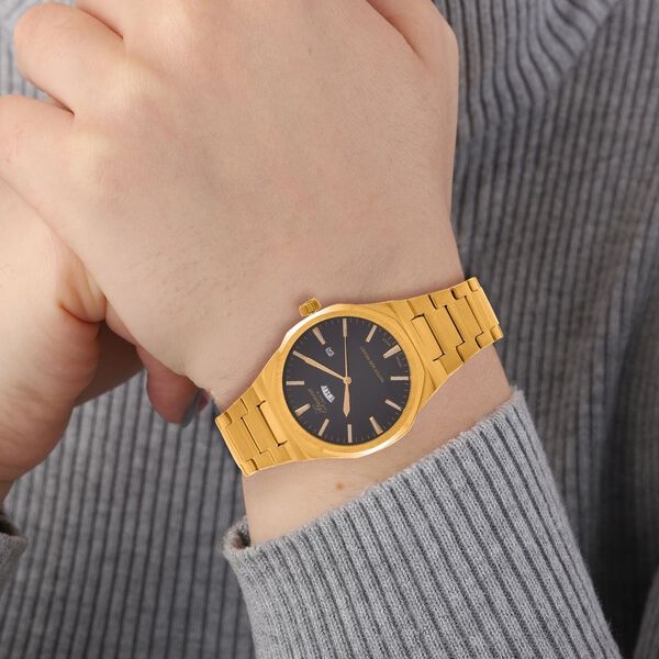 GENOA - Japanisches Uhrwerk, Schwarzes Sonnenschliff-Zifferblatt mit Balkenindexen, Edelstahl mit Faltschließe, Reiner Edelstahl, 20 cm, Goldfarben image number 3