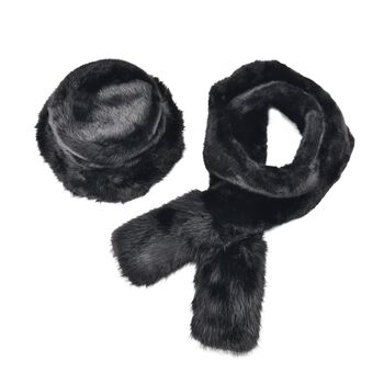 2er Set - Superweiche Kunstfell Hut und Schal, 60cmx195cm, Schwarz