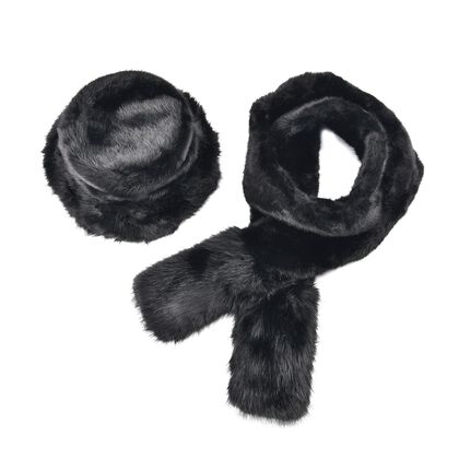 2er Set - Superweiche Kunstfell Hut und Schal, 60cmx195cm, Schwarz
