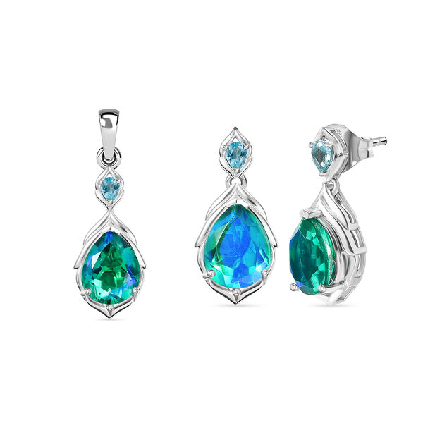 D'Joy Pfau Triplett Quarz und blauer Apatit Anh&auml;nger und Ohrringe