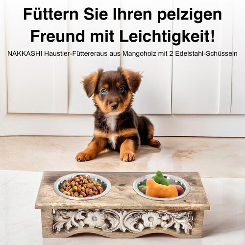 NAKKASHI handgeschnitzter Futternapf aus Mangoholz mit Edelstahl-Schüsseln, hellbraun image number 1