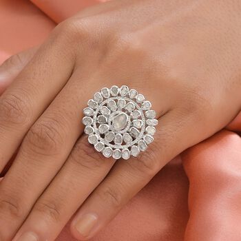 Handgearbeiteter, nat&uuml;rlicher Polki Diamant Ring, 925 Silber platiniert (Gr&ouml;&szlig;e 20.00) ca. 1.25 ct