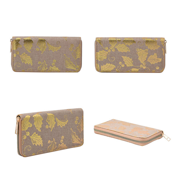 3er-Set Jute Brieftasche, Blattmuster, Gr&ouml;&szlig;e 19,5x3x9,5 cm, Khaki und Gold image number 2