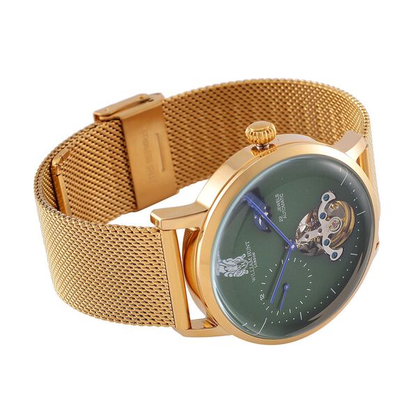 William Hunt Automatik-Uhr - IP-schwarzbeschichtetes Edelstahlgeh&auml;use, gr&uuml;nes Multifunktionszifferblatt mit gew&ouml;lbtem Glas, Edelstahl-Mesh-Armband, Glasboden, 5 ATM wasserdicht, Reiner Edelstahl image number 5