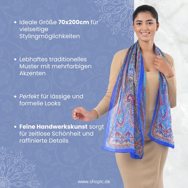 Bedruckter Schal aus 100% Seide, Mehrfarbiges Muster und blaue Bordüre, 70x200 cm image number 2