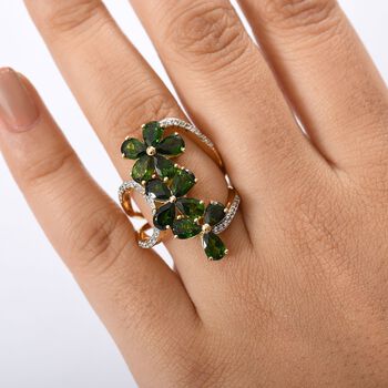 Nat&uuml;rlicher Chromdiopsid, Wei&szlig;er Zirkon Ring 925 Silber 750 Gelbgold Vermeil (Gr&ouml;&szlig;e 17.00) ca. 5.70 ct