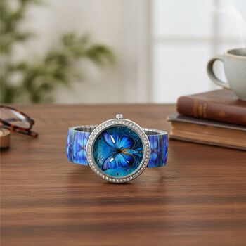 STRADA - Armbanduhr mit Schmetterlingsmotiv, Kristall-L&uuml;nette, Japanisches Uhrwerk, Edelstahlzugband, Reiner Edelstahl