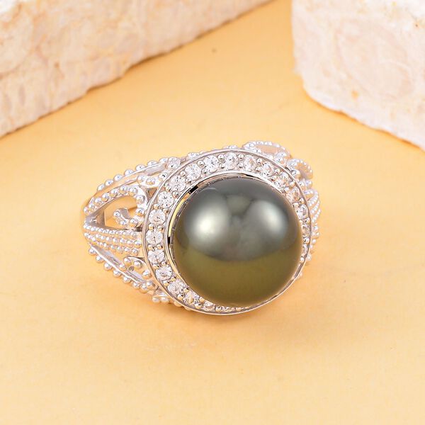 11-12 mm Tahiti Perle und Zirkon-Ring - 0,55 ct. image number 2