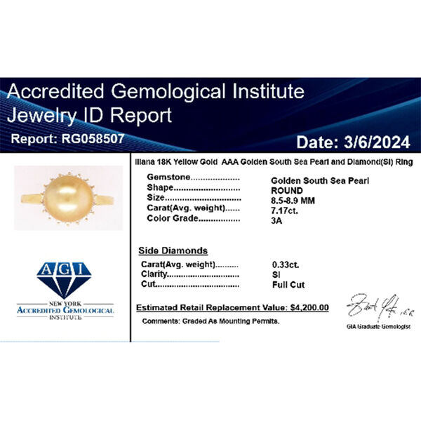 ILIANA zertifiziert und geprüft AAA goldene Südsee Perle und SI-GH Diamant Ring in 750 Gold image number 8