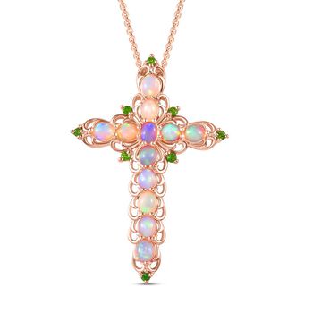 Nat&uuml;rlicher, &auml;thiopischer Welo Opal und nat&uuml;rlicher Chromdiopsid Kreuz-Anh&auml;nger mit Kette, 925 Silber Ros&eacute;gold Vermeil ca. 2,96 ct