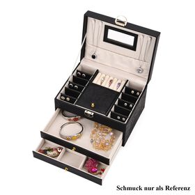 Schmuckbox 3-lagig mit Blumenprägung und Spiegel, 22x17x13 cm, Schwarz