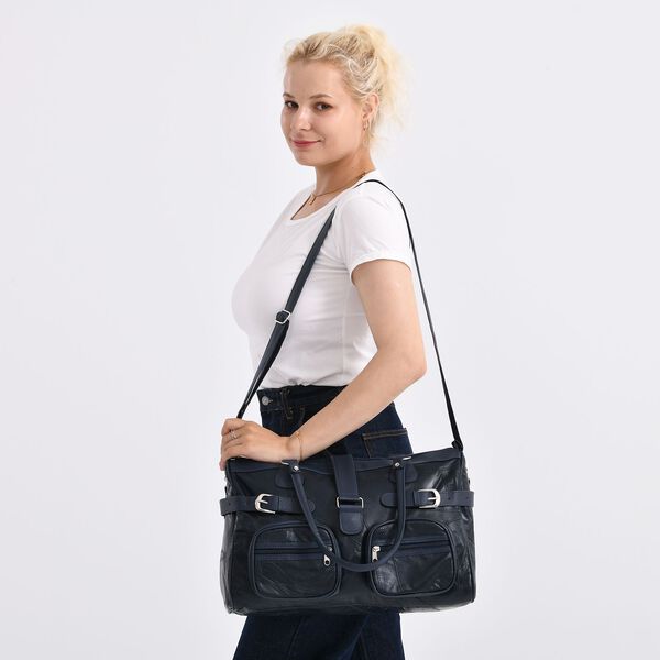 Patchwork Crossbody-Tasche aus Schafleder mit mehreren Reißverschlussfächern, 40×16,5×25,5 cm, Blau image number 2