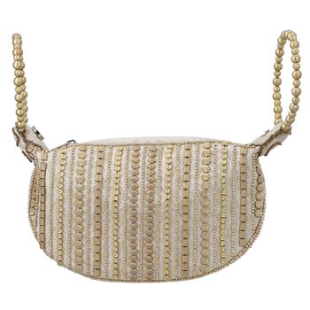 Handgefertigte Gl&uuml;ckskekstasche aus Samtbrokat mit Perlen, 16.5x24 cm, cr&eacute;me