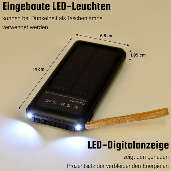 10.000mAh Solar Powerbank, multifunktional mit integrierten Kabeln und LED-Digitalanzeige, schwarz image number 4