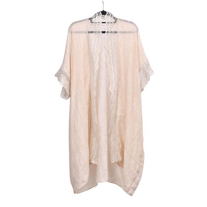 Short-sleeved lace kimonoMaterial:100% polyesterSize:bust70*length 87 Weight:190gcolor: beige