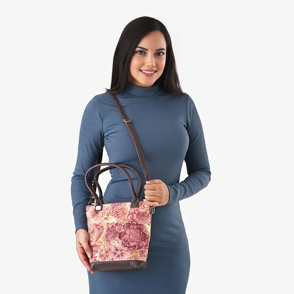 Crossbody Tasche aus Baumwolle, Blockdruck, 25,4x23cm, Pfirsich image number 1