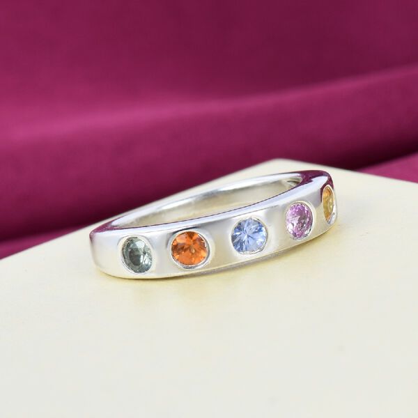 Mehrfarbig Saphir 5 Stein Band Ring 925 Silber Platin-&Uuml;berzug image number 2