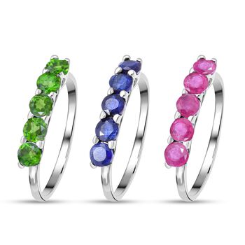 Rubin, nat&uuml;rlicher Chromdiopsid und Masaola Saphir 3er-Ringset, 925 Silber platiniert ca. 6.25 ct