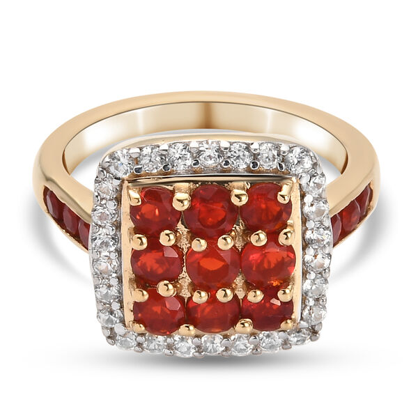 Mexikanischer Kirschfeuer-Opal und Zirkon Ring 925 Silber 585 Vergoldet