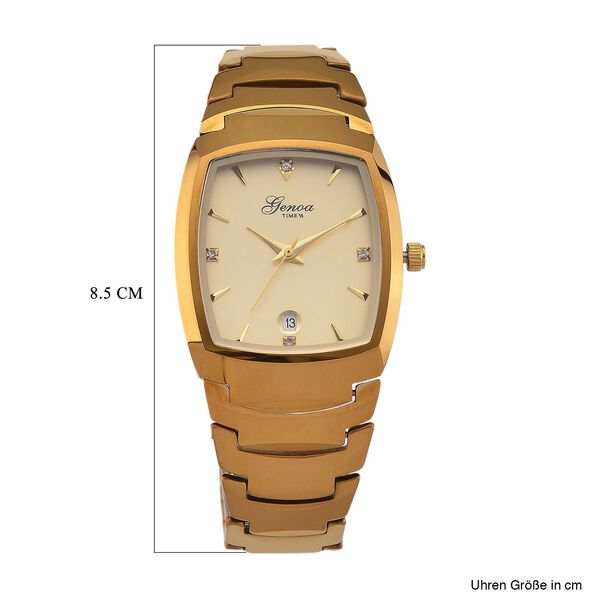 GENOA - Armbanduhr mit Datumsanzeige, Japanische-Uhrwerk mit Wei&szlig;er Kristall, Wolframstahlgeh&auml;use, Reiner Edeslstahl, Goldfarben image number 7