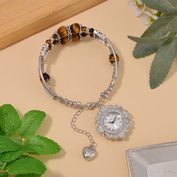 STRADA - Gelbes Tigerauge verstellbare Perlenarmbanduhr mit Legierungsgehäuse und japanischem Uhrwerk, 17-21 cm, Reiner Edelstahl image number 2