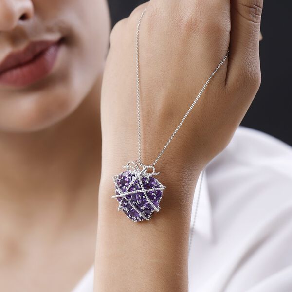 GP Amore Kollektion - Afrikanischer Amethyst, Zirkon und Kanchanaburi blauer Saphir-Herz-Anhänger mit Kette in Silber image number 2