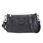 Schultertasche aus 100% echtem Leder mit Kroko-Prägung, Schwarz